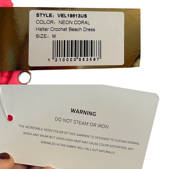 PATBO Crochet Beach Dress Halterneck Neon Coral Resort Influencer Medium NWT - Picture 8 of 11